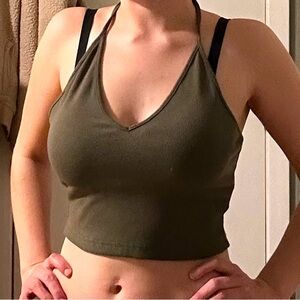 Dark Green Open Back Cute Crop Top V-Neck Stylish Tight Fitted Flattering Comfy